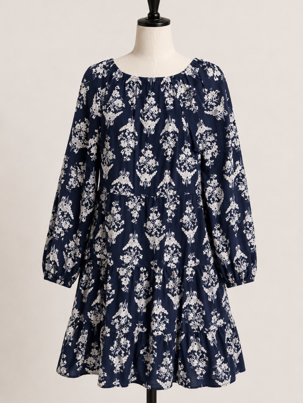 J Crew Long Sleeve Tiered Mini Dress Blue White XS
